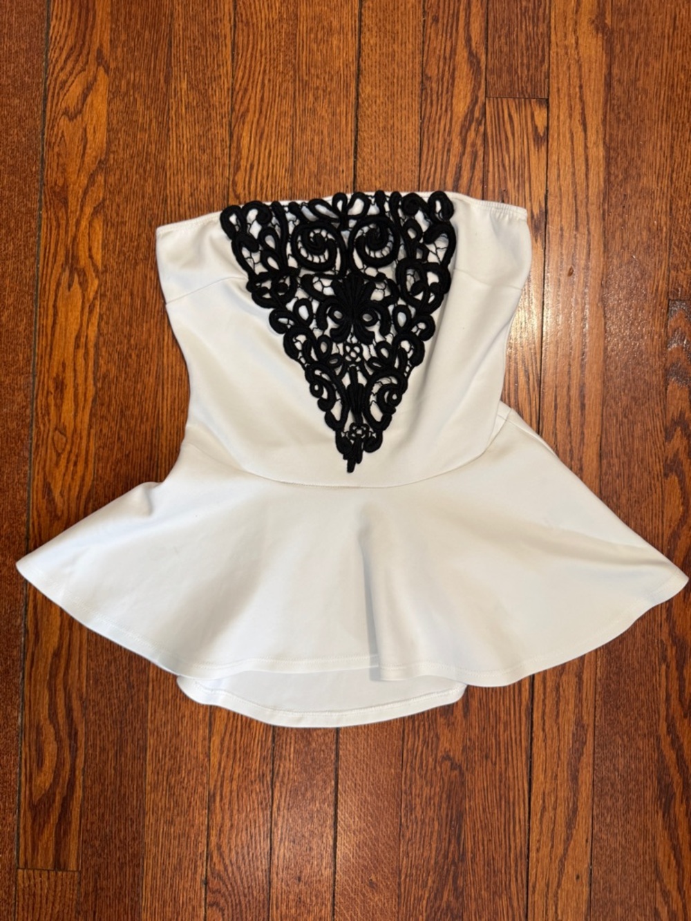 Papaya White Strapless Peplum Top with Black Lace Detail